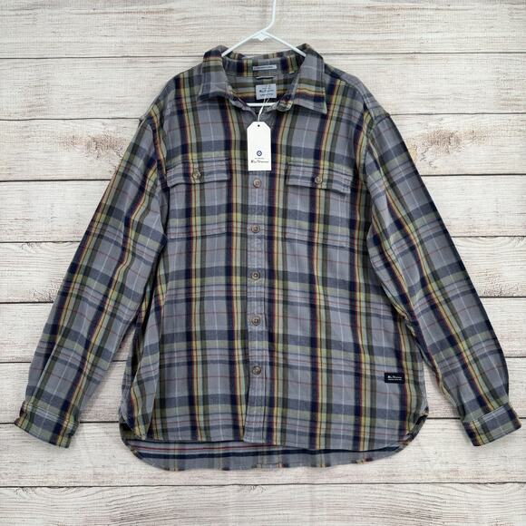Ben Sherman Flannel Shirt Mens 2XL Dusty Blue Plaid Uniform Button Up Cotton - Picture 1 of 16